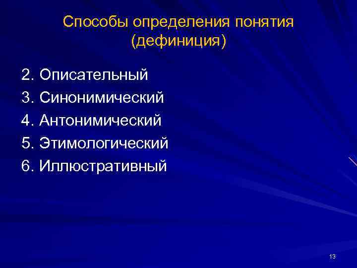 Способы определения понятия (дефиниция) 2. Описательный 3. Синонимический 4. Антонимический 5. Этимологический 6. Иллюстративный