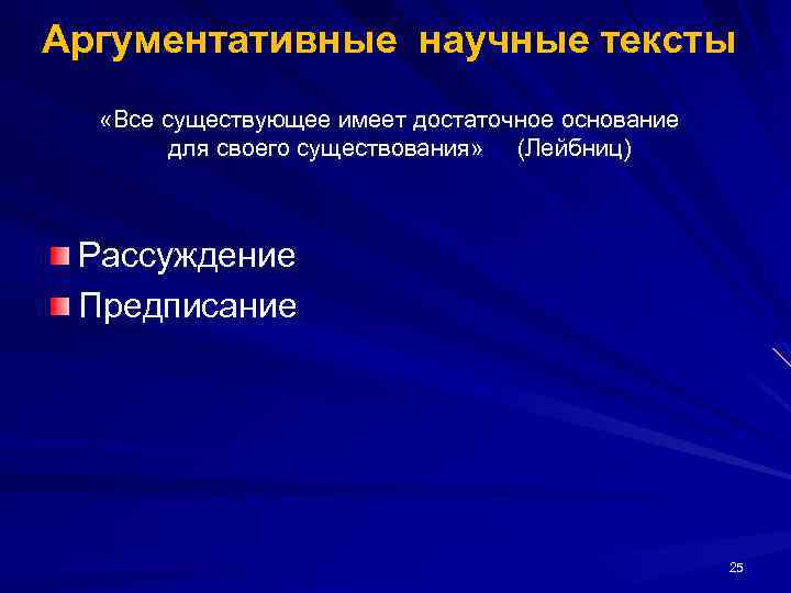 Аргументативные научные тексты «Все существующее имеет достаточное основание для своего существования» (Лейбниц) Рассуждение Предписание