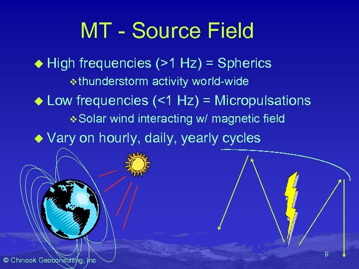 MT - Source Field u High frequencies (>1 Hz) = Spherics v thunderstorm u