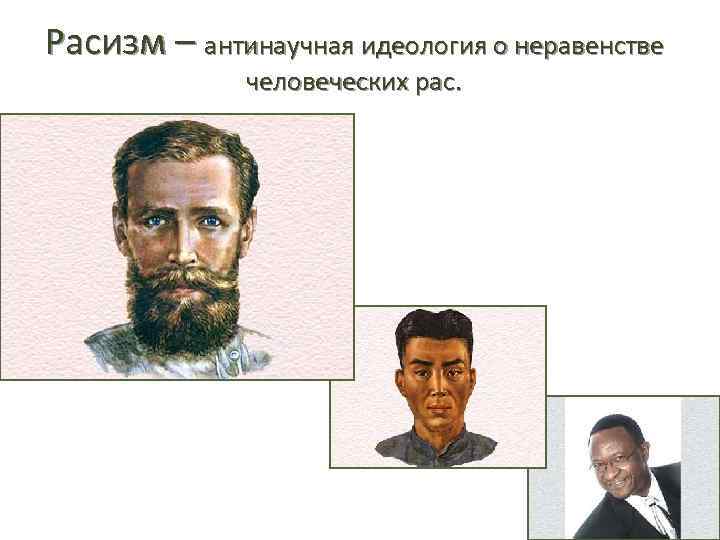 Расизм – антинаучная идеология о неравенстве человеческих рас. 