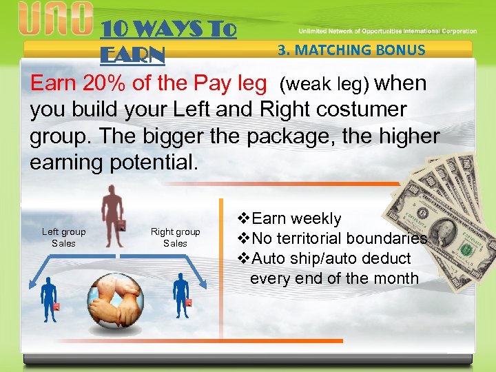 10 WAYS To 3. MATCHING BONUS EARN Earn 20% of the Pay leg (weak