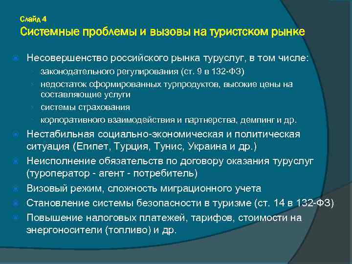 Слайд 4 Системные проблемы и вызовы на туристском рынке Несовершенство российского рынка туруслуг, в