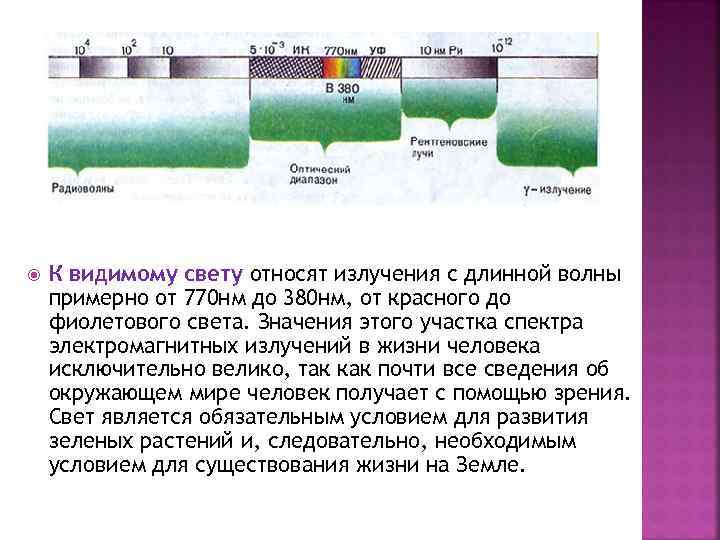  К видимому свету относят излучения с длинной волны примерно от 770 нм до