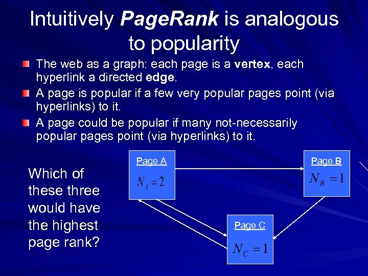 Intuitively Page. Rank is analogous to popularity The web as a graph: each page