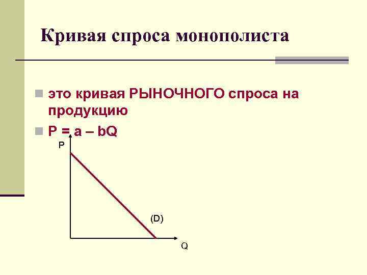 Кривая спроса монополиста n это кривая РЫНОЧНОГО спроса на продукцию n P = a