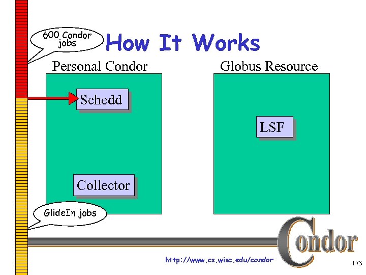 600 Condor jobs How It Works Personal Condor Globus Resource Schedd LSF Collector Glide.