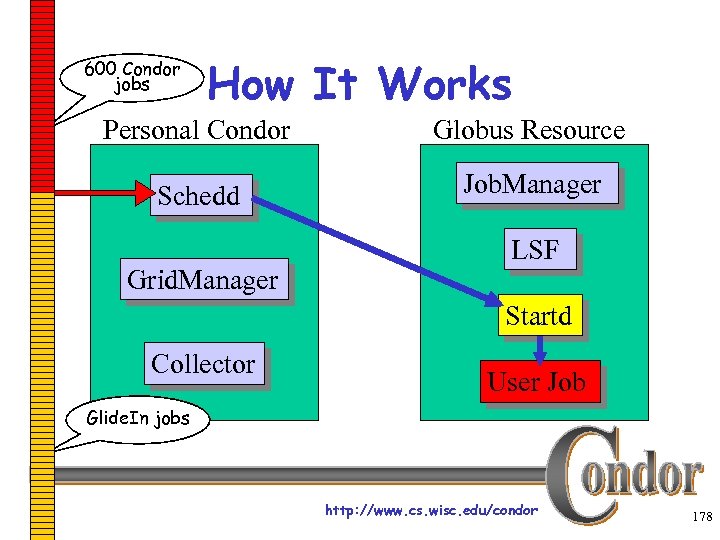 600 Condor jobs How It Works Personal Condor Globus Resource Schedd Job. Manager Grid.