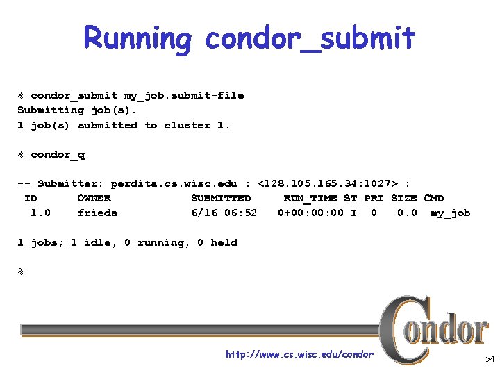 Running condor_submit % condor_submit my_job. submit-file Submitting job(s). 1 job(s) submitted to cluster 1.