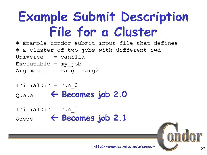 Example Submit Description File for a Cluster # Example condor_submit input file that defines