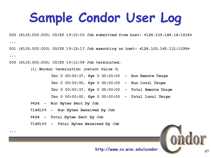 Sample Condor User Log 000 (8135. 000) 05/25 19: 10: 03 Job submitted from