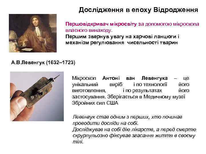 Дослідження в епоху Відродження Першовідкривач мікросвіту за допомогою мікроскопа власного винаходу. Першим звернув увагу