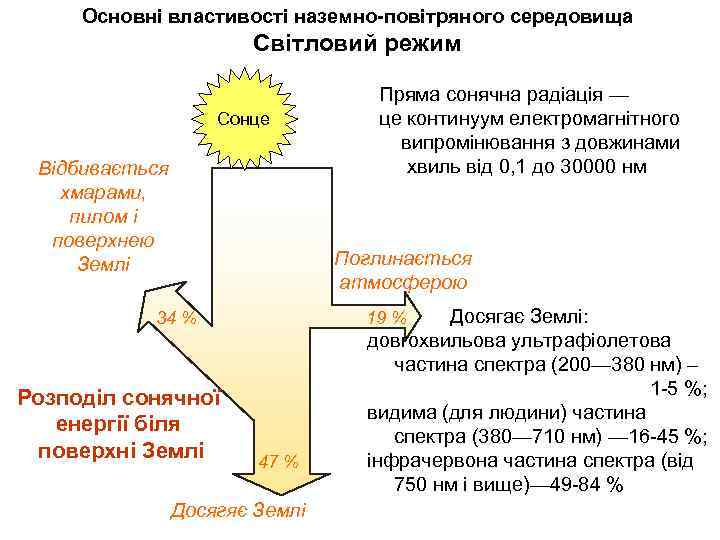 Основні властивості наземно-повітряного середовища Світловий режим Сонце Відбивається хмарами, пилом і поверхнею Землі Пряма