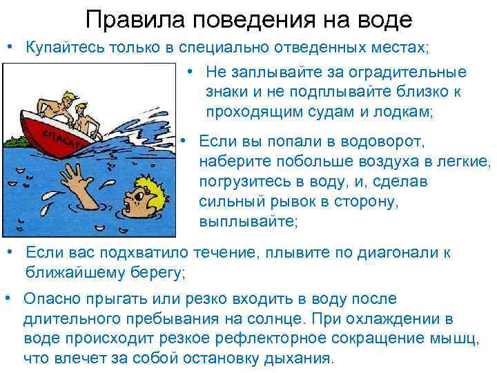 Правила поведения на воде • Купайтесь только в специально отведенных местах; • Не заплывайте