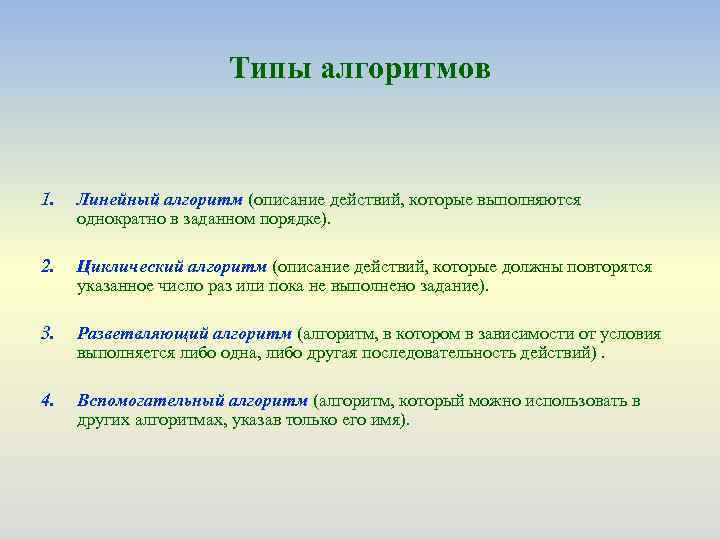 Типы алгоритмов 1. Линейный алгоритм (описание действий, которые выполняются однократно в заданном порядке). 2.