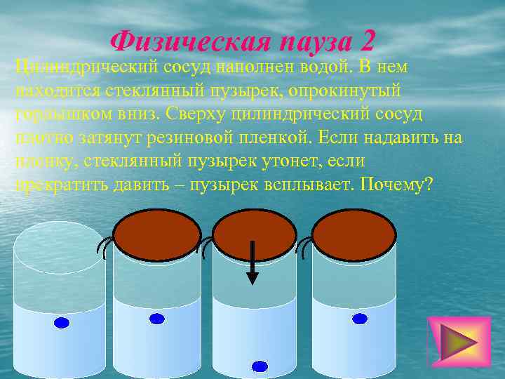 Физическая пауза 2 Цилиндрический сосуд наполнен водой. В нем находится стеклянный пузырек, опрокинутый горлышком