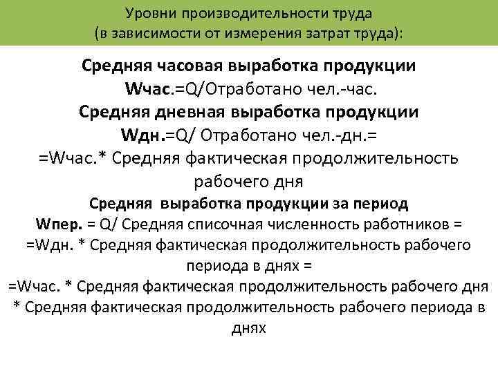 Уровни производительности труда (в зависимости от измерения затрат труда): Средняя часовая выработка продукции Wчас.