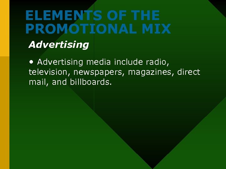 ELEMENTS OF THE PROMOTIONAL MIX Advertising • Advertising media include radio, television, newspapers, magazines,