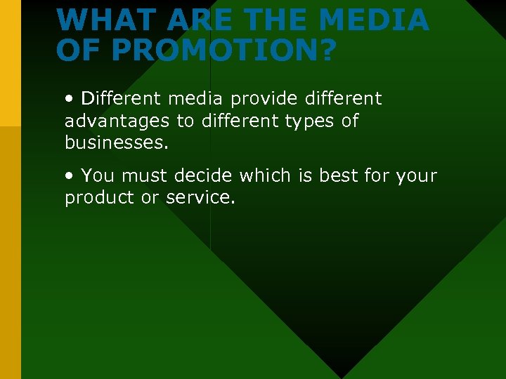 WHAT ARE THE MEDIA OF PROMOTION? • Different media provide different advantages to different