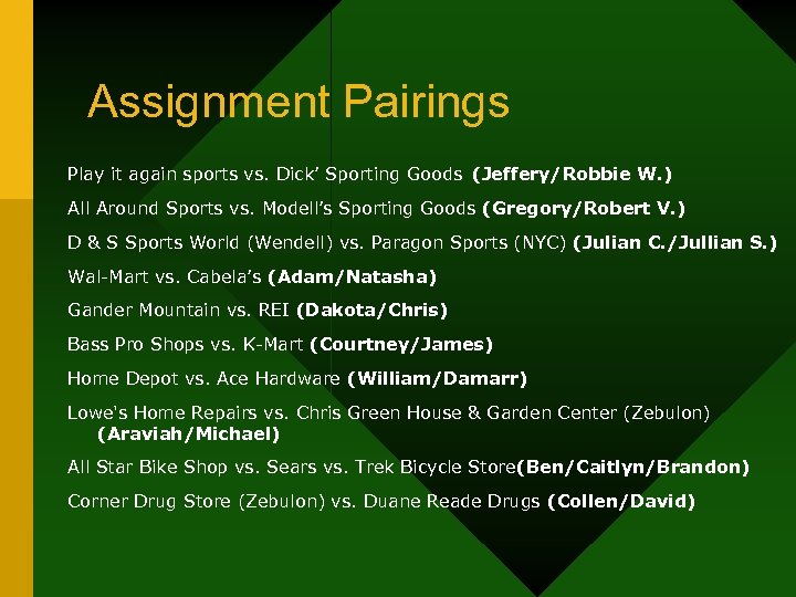 Assignment Pairings Play it again sports vs. Dick’ Sporting Goods (Jeffery/Robbie W. ) All