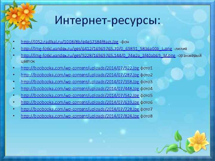 Интернет-ресурсы: • • • http: //i 052. radikal. ru/1008/8 b/e 4 e 37384 f