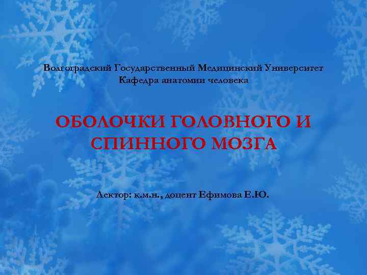 Волгоградский Государственный Медицинский Университет Кафедра анатомии человека ОБОЛОЧКИ ГОЛОВНОГО И СПИННОГО МОЗГА Лектор: к.