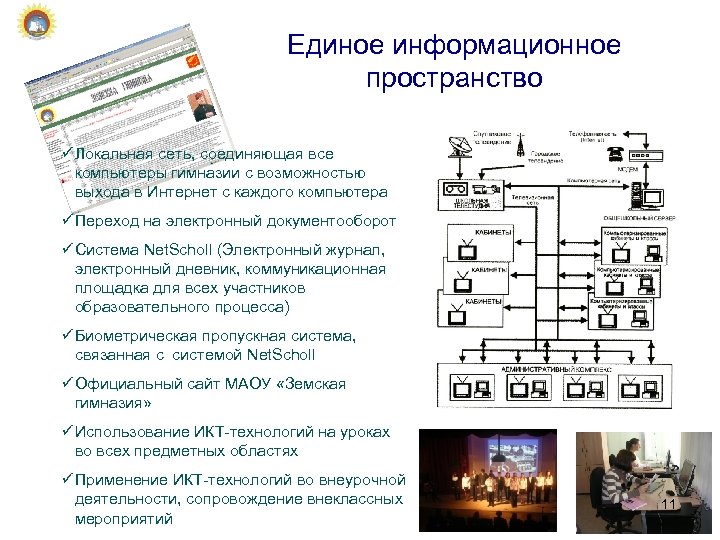 Единое информационное пространство ü Локальная сеть, соединяющая все компьютеры гимназии с возможностью выхода в