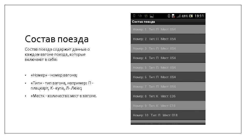 Состав поезда содержит данные о каждом вагоне поезда, которые включают в себя: • «Номер»