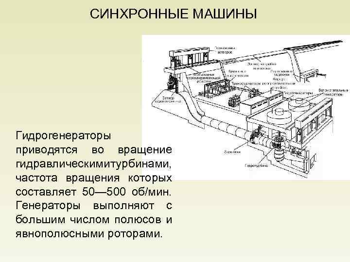 СИНХРОННЫЕ МАШИНЫ Гидрогенераторы приводятся во вращение гидравлическими турбинами, частота вращения которых составляет 50— 500