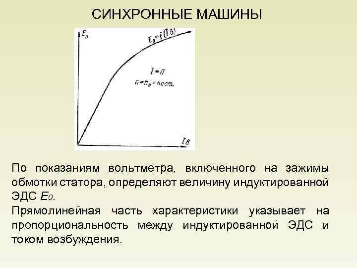 СИНХРОННЫЕ МАШИНЫ По показаниям вольтметра, включенного на зажимы обмотки статора, определяют величину индуктированной ЭДС