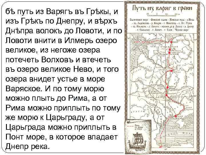 бѣ путь из Варягъ въ Грѣкы, и изъ Грѣкъ по Днепру, и вѣрхъ Днѣпра