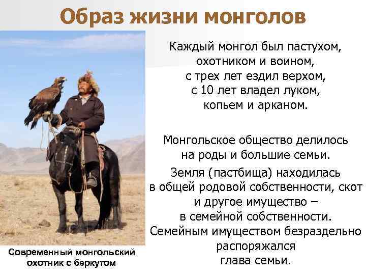 Образ жизни монголов Каждый монгол был пастухом, охотником и воином, с трех лет ездил