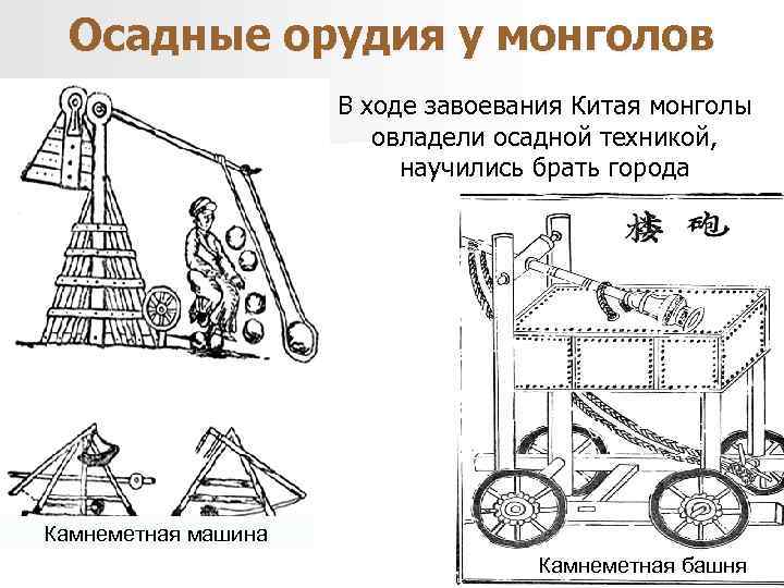 Осадные орудия у монголов В ходе завоевания Китая монголы овладели осадной техникой, научились брать