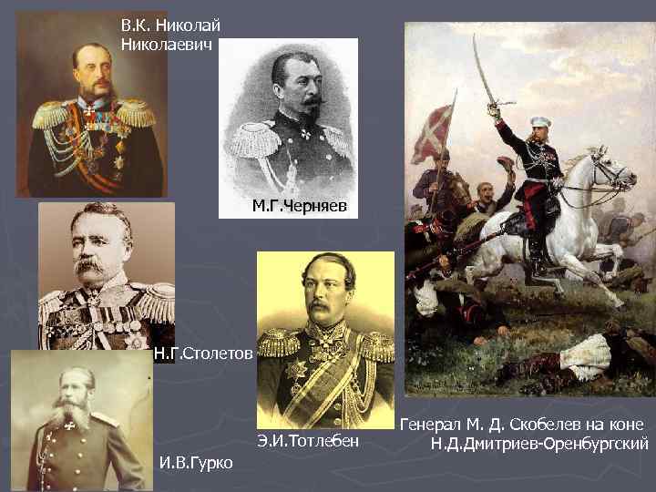 В. К. Николай Николаевич М. Г. Черняев Н. Г. Столетов Э. И. Тотлебен И.