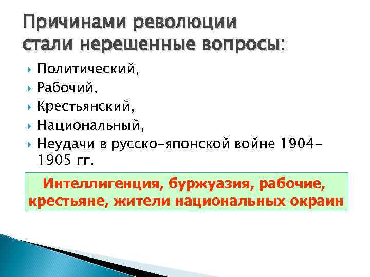 Причинами революции стали нерешенные вопросы: Политический, Рабочий, Крестьянский, Национальный, Неудачи в русско-японской войне 19041905