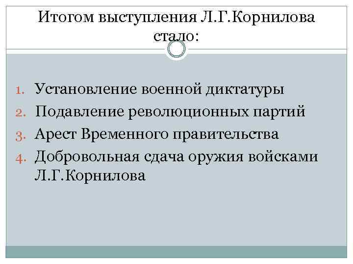 Итогом выступления Л. Г. Корнилова стало: 1. Установление военной диктатуры 2. Подавление революционных партий