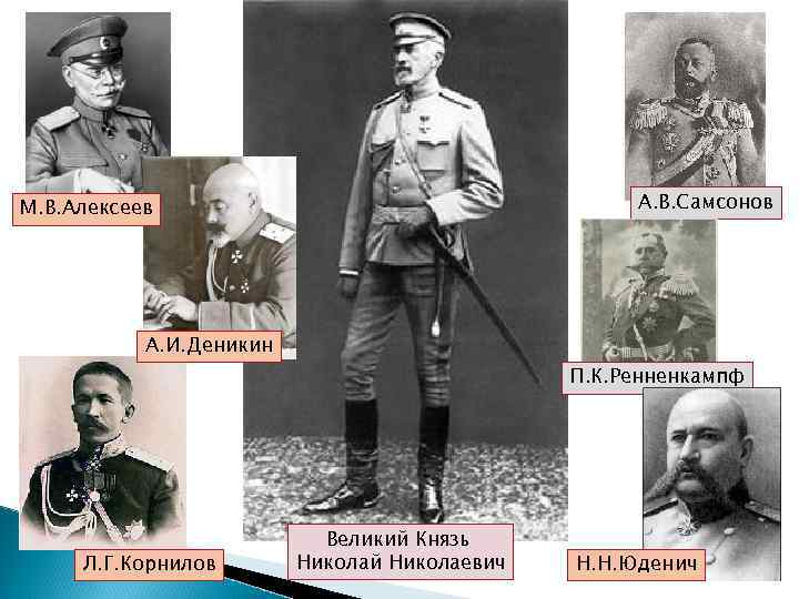 А. В. Самсонов М. В. Алексеев А. И. Деникин П. К. Ренненкампф Л. Г.