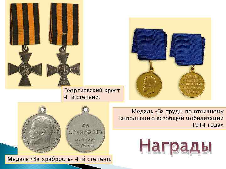 Георгиевский крест 4 -й степени. Медаль «За труды по отличному выполнению всеобщей мобилизации 1914
