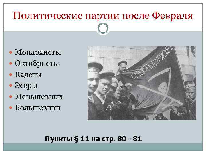 Политические партии после Февраля Монархисты Октябристы Кадеты Эсеры Меньшевики Большевики Пункты § 11 на