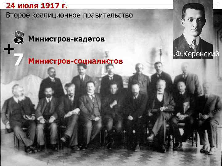 24 июля 1917 г. Второе коалиционное правительство 8 Министров-кадетов + 7 Министров-социалистов А. Ф.