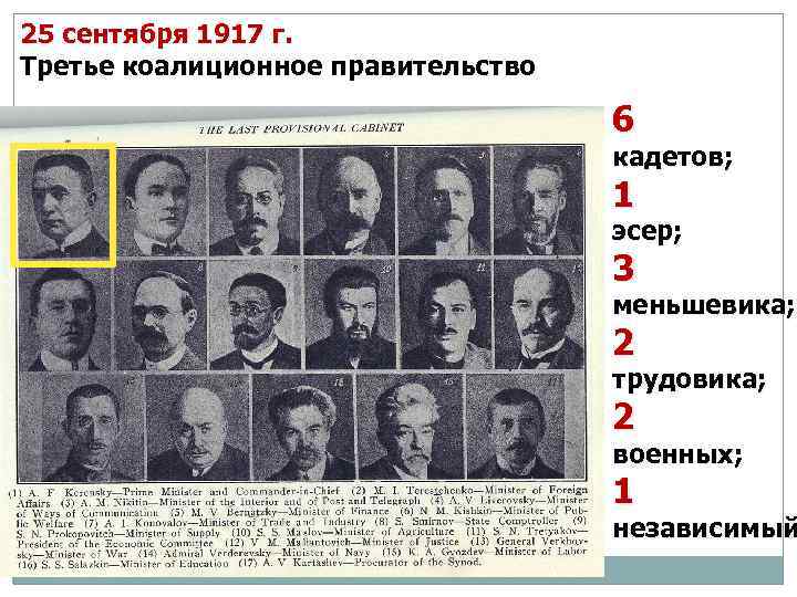 25 сентября 1917 г. Третье коалиционное правительство 6 кадетов; 1 эсер; 3 меньшевика; 2