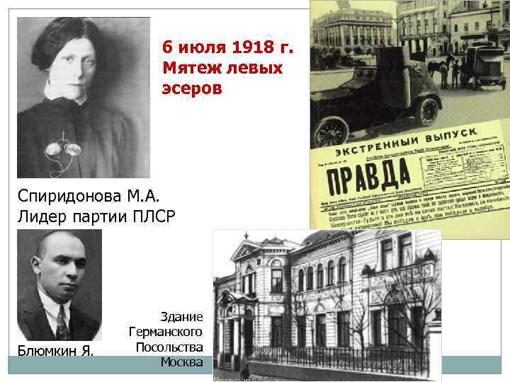 6 июля 1918 г. Мятеж левых эсеров Спиридонова М. А. Лидер партии ПЛСР Блюмкин