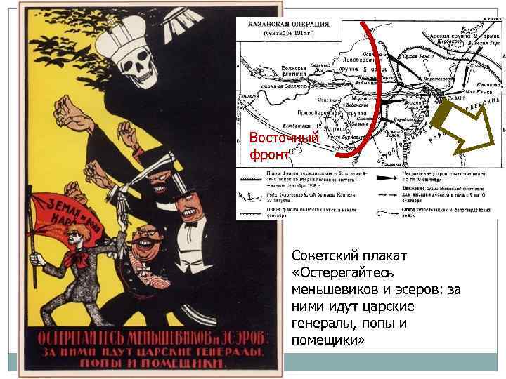 Восточный фронт Советский плакат «Остерегайтесь меньшевиков и эсеров: за ними идут царские генералы, попы