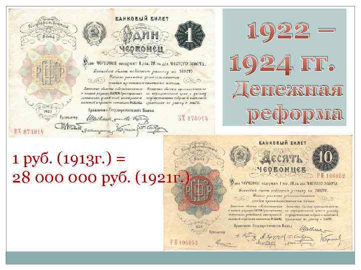 1922 – 1924 гг. Денежная реформа 1 руб. (1913 г. ) = 28 000