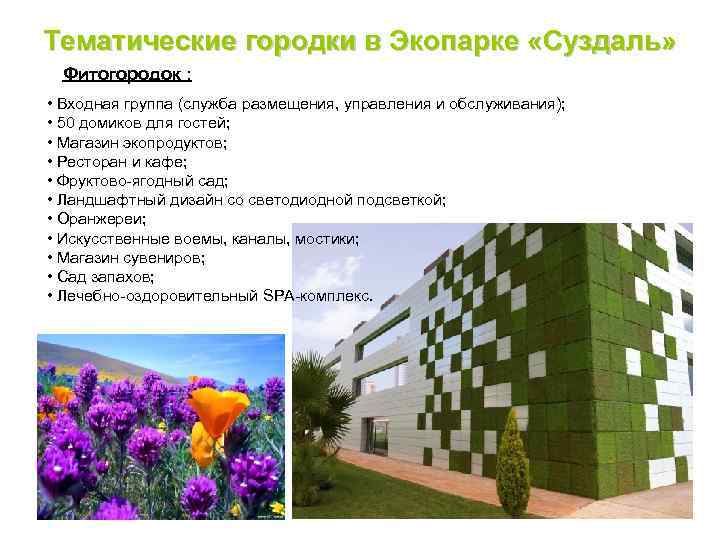 Тематические городки в Экопарке «Суздаль» Фитогородок : • Входная группа (служба размещения, управления и