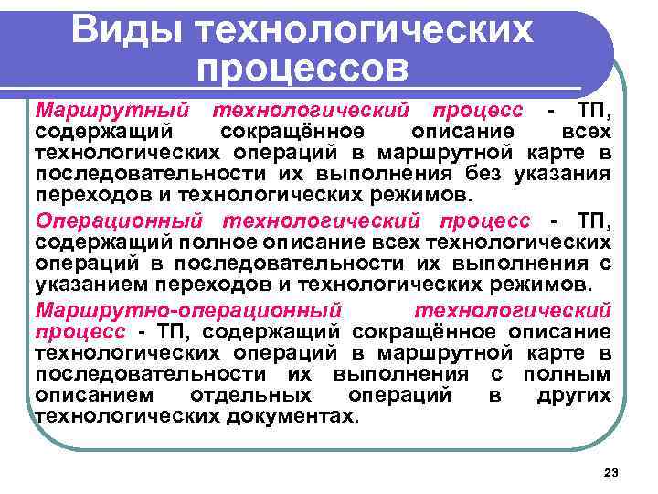 Виды технологических процессов Маршрутный технологический процесс - ТП, содержащий сокращённое описание всех технологических операций