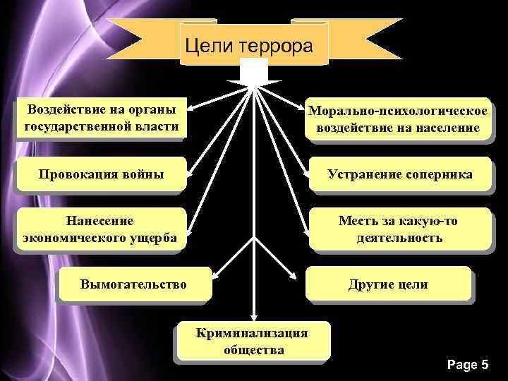 Цели террора Воздействие на органы государственной власти Морально-психологическое воздействие на население Провокация войны Устранение