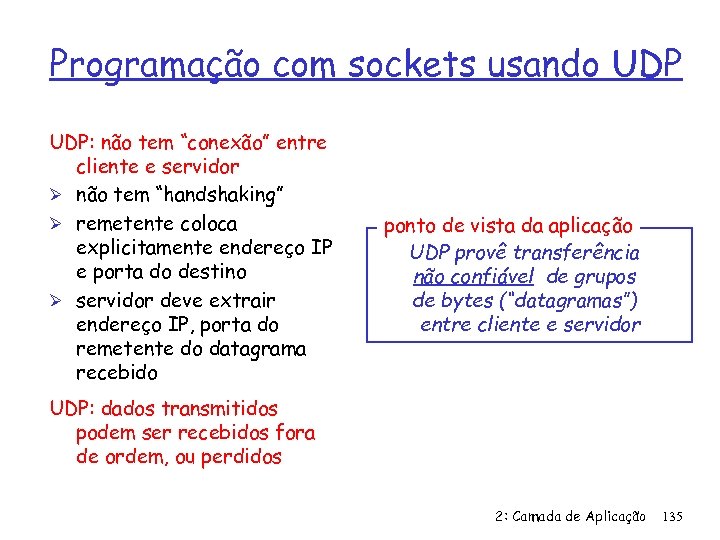 Programação com sockets usando UDP: não tem “conexão” entre cliente e servidor Ø não