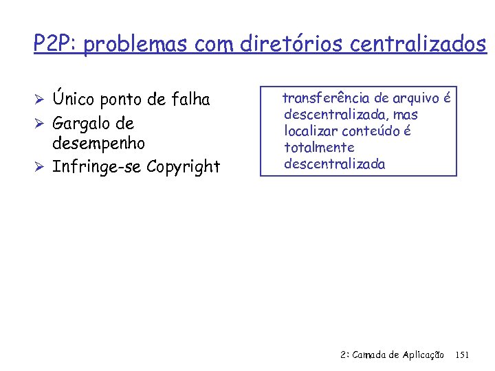 P 2 P: problemas com diretórios centralizados Ø Único ponto de falha Ø Gargalo