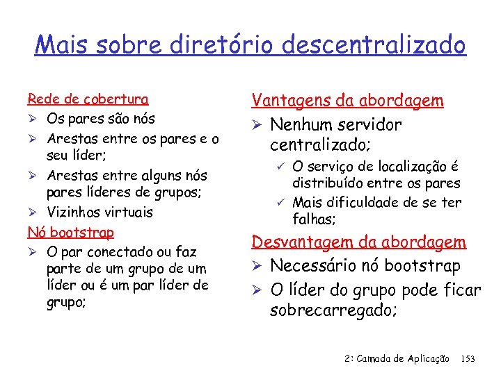Mais sobre diretório descentralizado Rede de cobertura Ø Os pares são nós Ø Arestas
