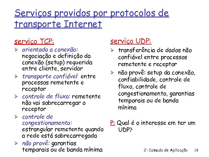 Serviços providos por protocolos de transporte Internet serviço TCP: Ø orientado a conexão: Ø